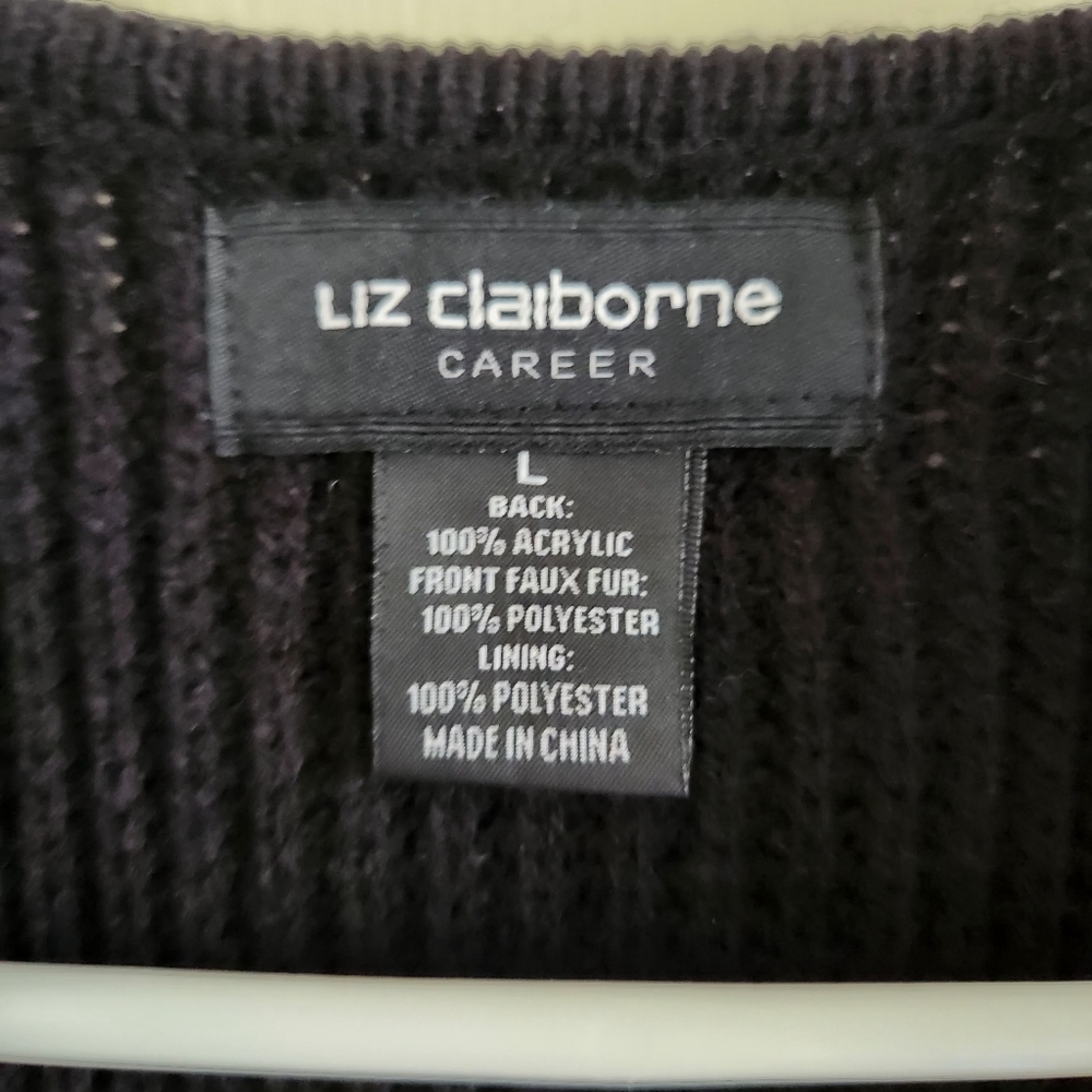 Liz Claiborne Black Faux Fur Sweater Knit Vest Size Large - Picture 2 of 5